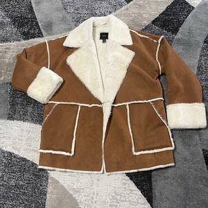 FOREVER 21 Penny Lane Jacket Women Large Brown Faux Fur Suede Leather Coat Open